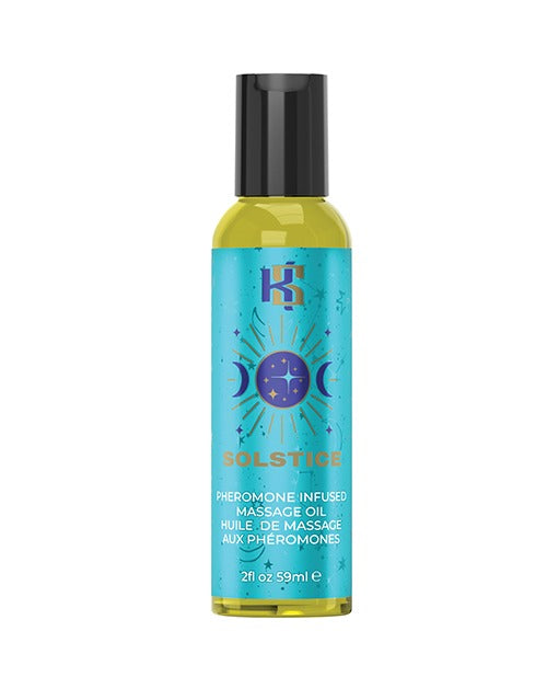 A bottle of Kama Sutra massage oil from the Celestial Collection in the fragrance "SOLSTICE".