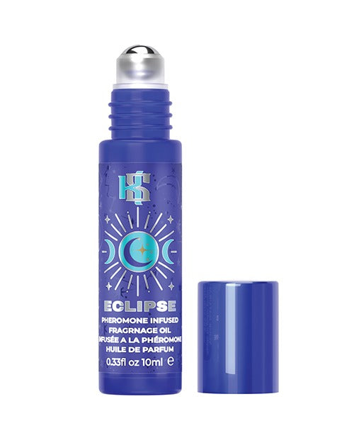 A bottle of Kama Sutra pheromone infused fragrance oil from the Celestial Collection in the fragrance "ECLIPSE". The top is unscrewed and there is a silver roller ball at the top of the applicator.