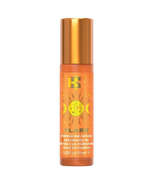 A bottle of Kama Sutra pheromone infused fragrance oil from the Celestial Collection in the fragrance "FLARE". 
