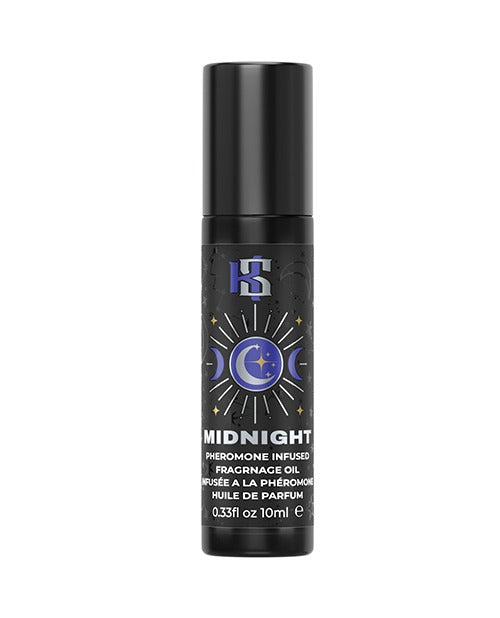 A bottle of Kama Sutra pheromone infused fragrance oil from the Celestial Collection in the fragrance "MIDNIGHT". 