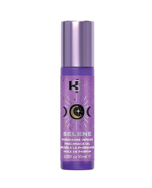 A bottle of Kama Sutra pheromone infused fragrance oil from the Celestial Collection in the fragrance "SELENE".