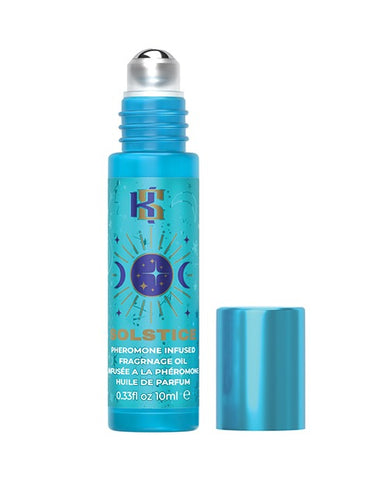A bottle of Kama Sutra pheromone infused fragrance oil from the Celestial Collection in the fragrance "SOLSTICE". The top is unscrewed and there is a silver roller ball at the top of the applicator.