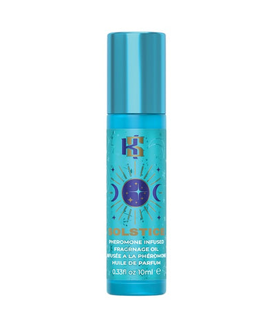A bottle of Kama Sutra pheromone infused fragrance oil from the Celestial Collection in the fragrance "SOLSTICE". 