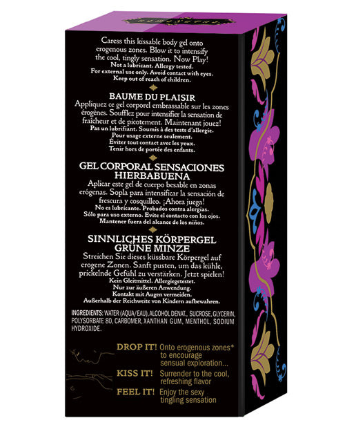 Product packaging with text and decorative elements on a white background