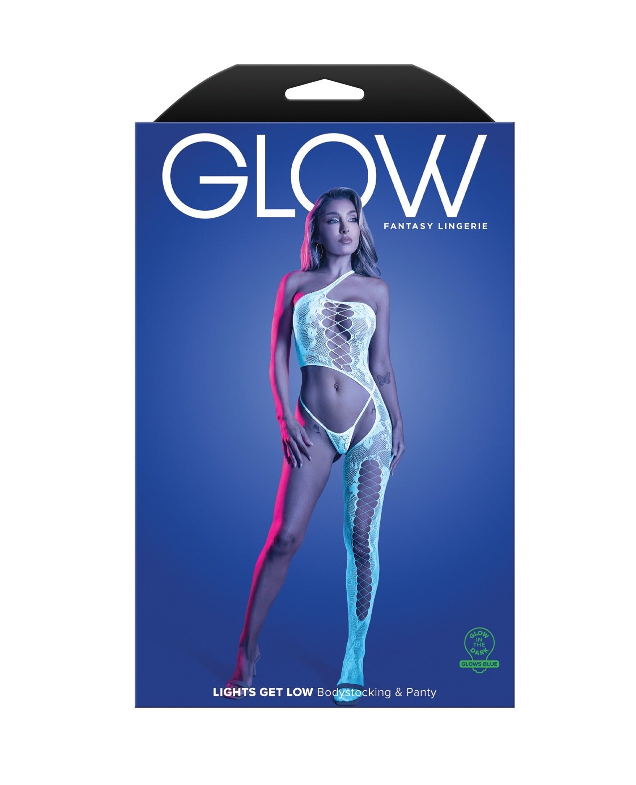 Glow Fantasy Lingerie packaging featuring a model wearing a glowing bodysuit and fishnet stockings on a blue background, with a black hanging tab at the top.