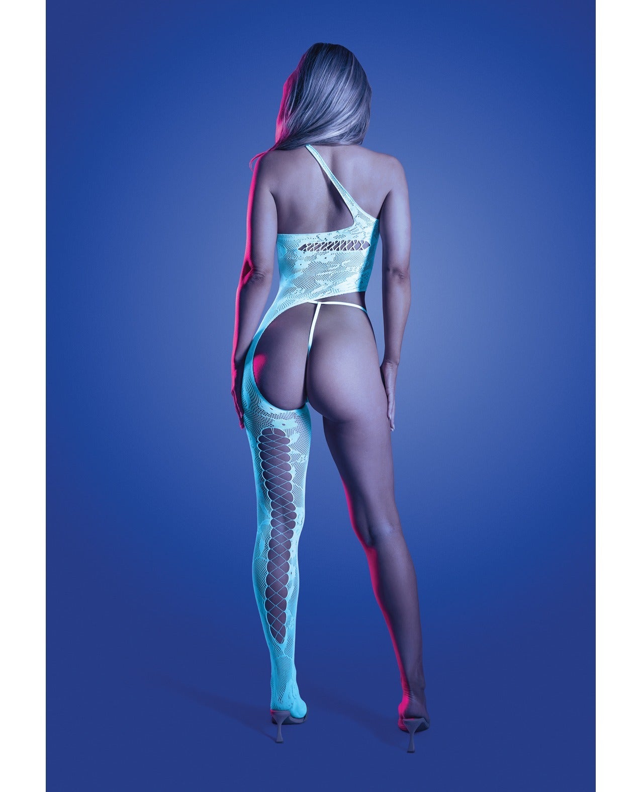 A model shown from the back wearing a sheer white bodysuit set against a solid blue studio background.
