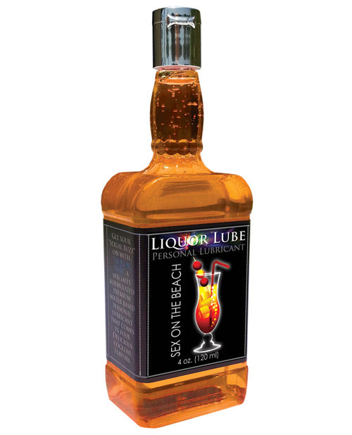 Bottle of Liquor Lube personal lubricant with a colorful label on a white background