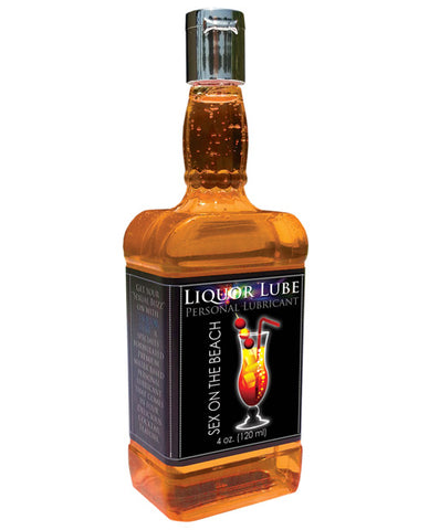 Bottle of Liquor Lube personal lubricant with a colorful label on a white background