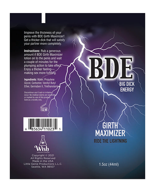 A label for BDE Girth Maximizer. The label is purple and blue with lightning.