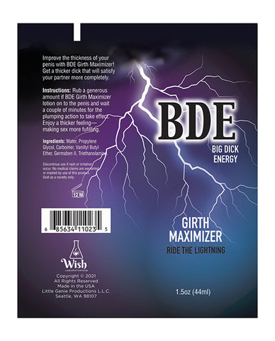 A label for BDE Girth Maximizer. The label is purple and blue with lightning.