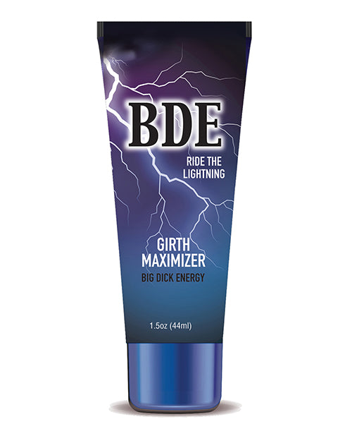A tube of BDE Girth Maximizer. The bottle is purple and blue with lightning.