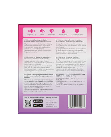 The back of a pink and purple retail box for a Ferri Reserve Bluetooth panty vibe, featuring feature icons, product descriptions, a QR code, and a barcode.