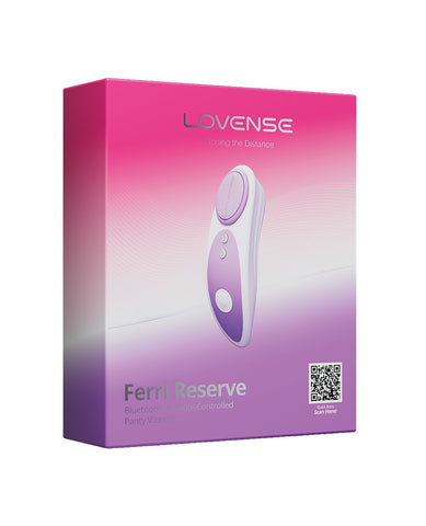 A pink and purple product box for the LOVENSE Ferri Reserve Bluetooth controlled parity vibrator, featuring a graphic of the device on the front.