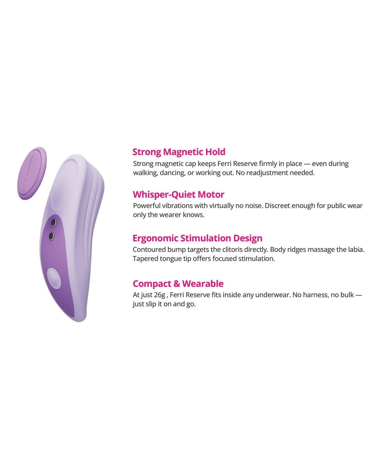 A purple and white personal massager shown next to descriptive text highlighting its features: strong magnetic hold, whisper-quiet motor, ergonomic stimulation design, and compact wearable size.