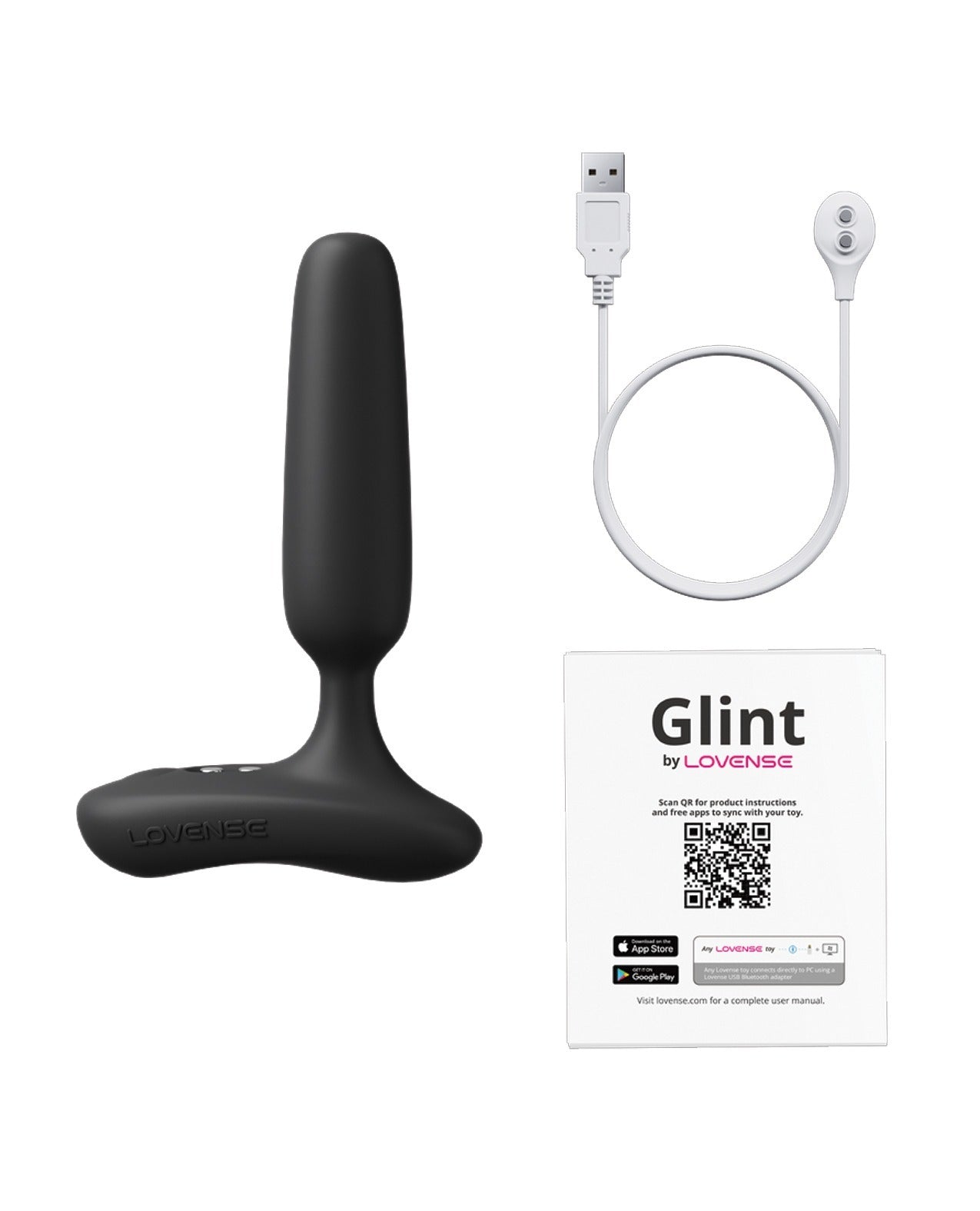 A black silicone personal massager with a USB charging cable and a white Lovense Glint app card on a plain white background.