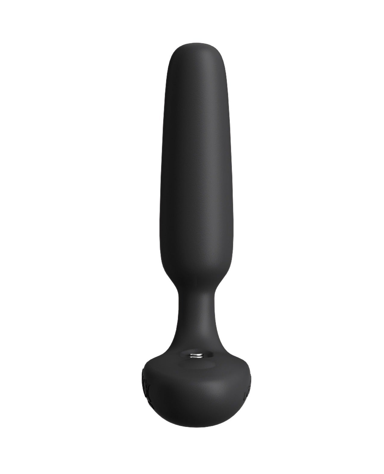 A matte black personal massager with a bulbous base and smooth elongated shaft, shown vertically against a plain white background.