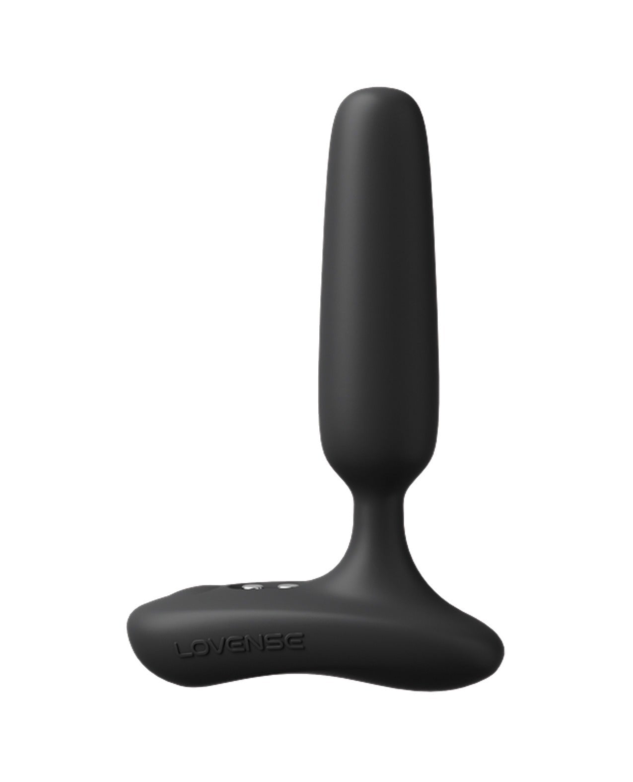 A matte black personal massager with a curved base and a long, slender handle, shown against a plain white background. The brand name 'LOVENSE' is debossed on the side of the base.