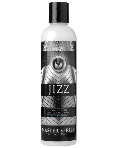 Bottle of Master Series Jizz cum scented water-based lubricant on a white background