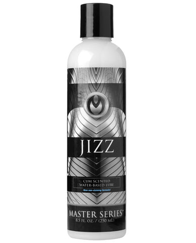 Bottle of Master Series Jizz cum scented water-based lubricant on a white background