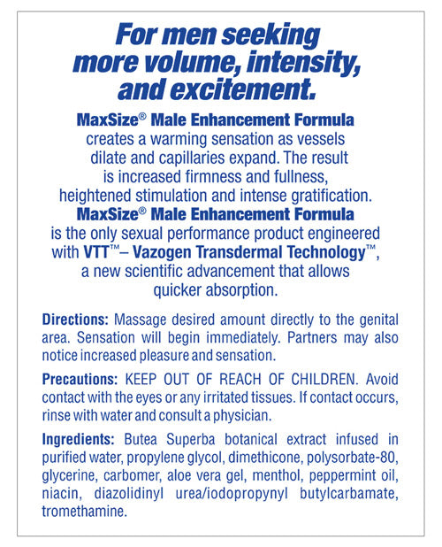 Back label of Max Size Male Enhancement Cream.