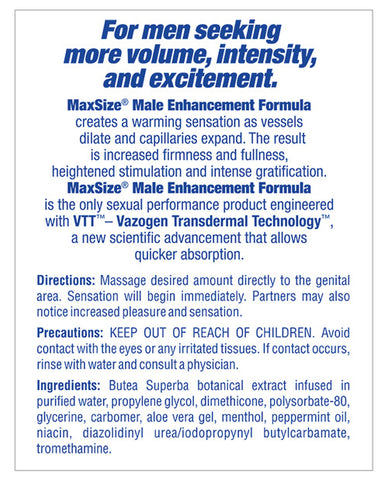Back label of Max Size Male Enhancement Cream.