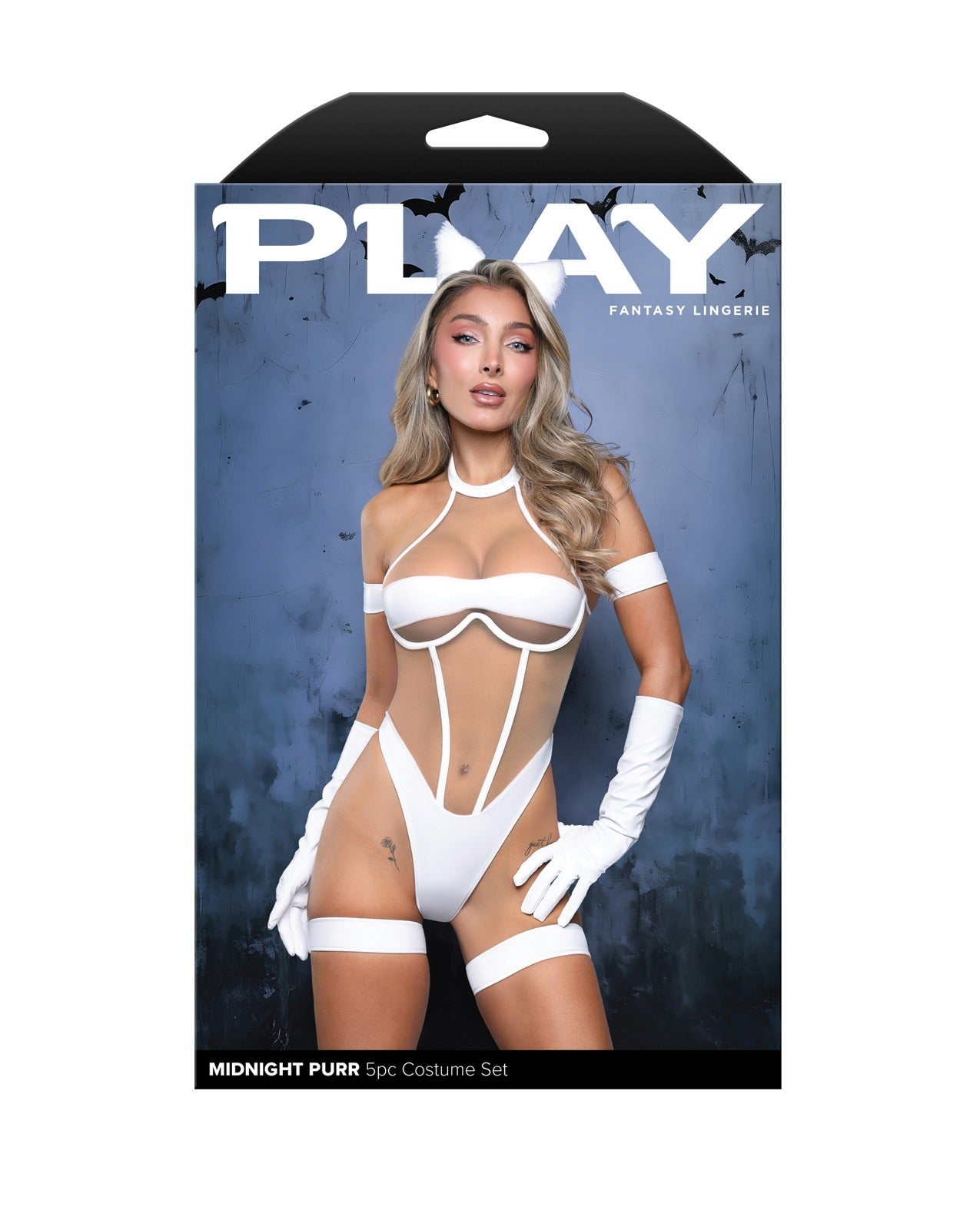 Packaged 'Midnight Purr' fantasy lingerie costume set. The retail box features a model wearing the white strappy lingerie, thigh-high stockings, and matching white gloves against a dark blue textured background.
