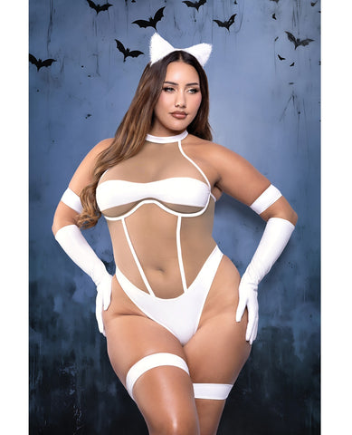 A woman modeling a white cat-themed lingerie costume set against a dark blue background with bat silhouettes. The set includes a strappy white bodysuit, matching white thigh-high stockings, white arm cuffs, a white choker, white thigh bands, and white cat ears on a headband.
