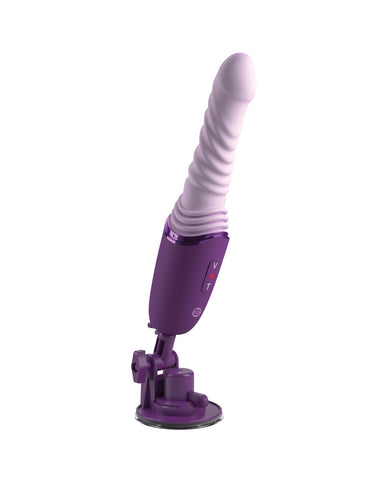 The Pipedream Fantasy For Her Luxe Thrust, a rippled purple dildo with a darker purple locking suction cup base. It is angled to the right slightly.