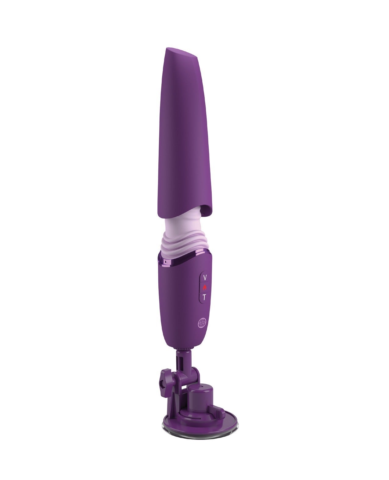 The Pipedream Fantasy For Her Luxe Thrust, a rippled purple dildo with a darker purple locking suction cup base. It has a dark purple cover over the insertable dildo.