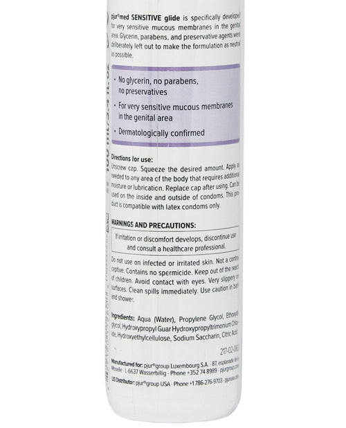 The back of a bottle of Pjur Med Sensitive Glide Water Based Personal Lubricant.