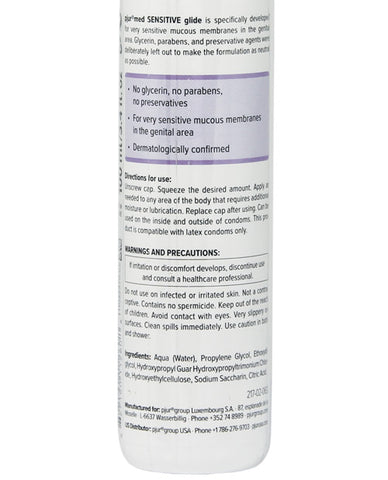 The back of a bottle of Pjur Med Sensitive Glide Water Based Personal Lubricant.