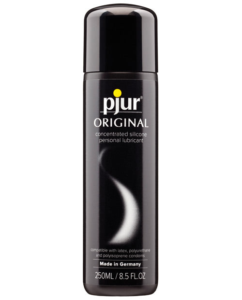 Black bottle of pjur Original concentrated silicone personal lubricant on a white background