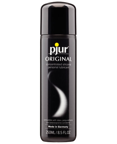 Black bottle of pjur Original concentrated silicone personal lubricant on a white background