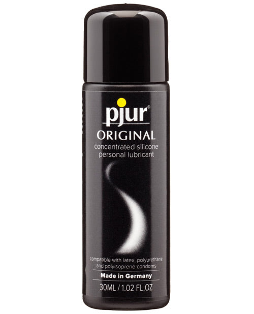Black bottle of pjur Original concentrated silicone personal lubricant on a white background