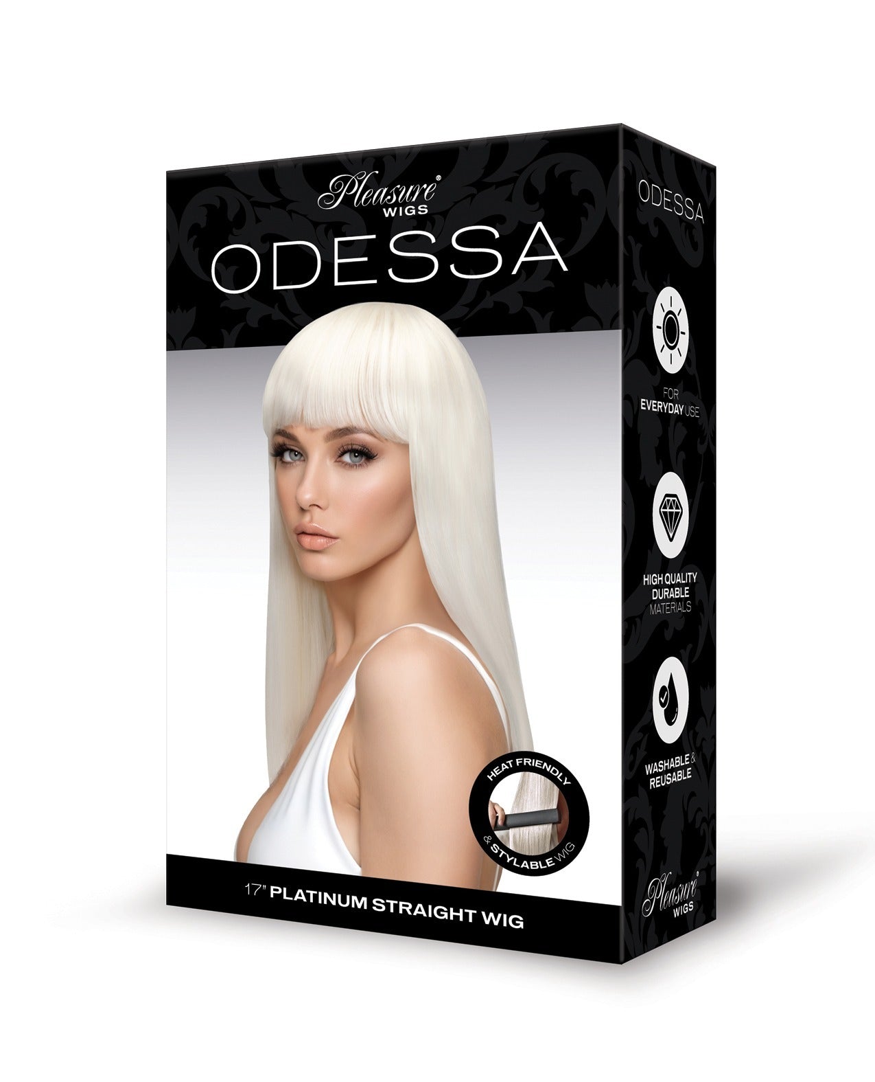 A retail box for a Pleasure Wigs Odessa 17" platinum straight wig, featuring a model with long, straight platinum hair on the front of the packaging.