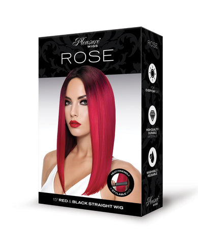 A retail box for a Pleasur Wigs ROSE 12-inch red and black straight wig, featuring a model with vibrant red hair on the front panel.
