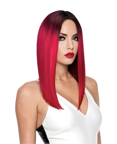 A woman with a straight, shoulder-length bob wig in a vibrant red ombre style, wearing a white top against a plain white background.