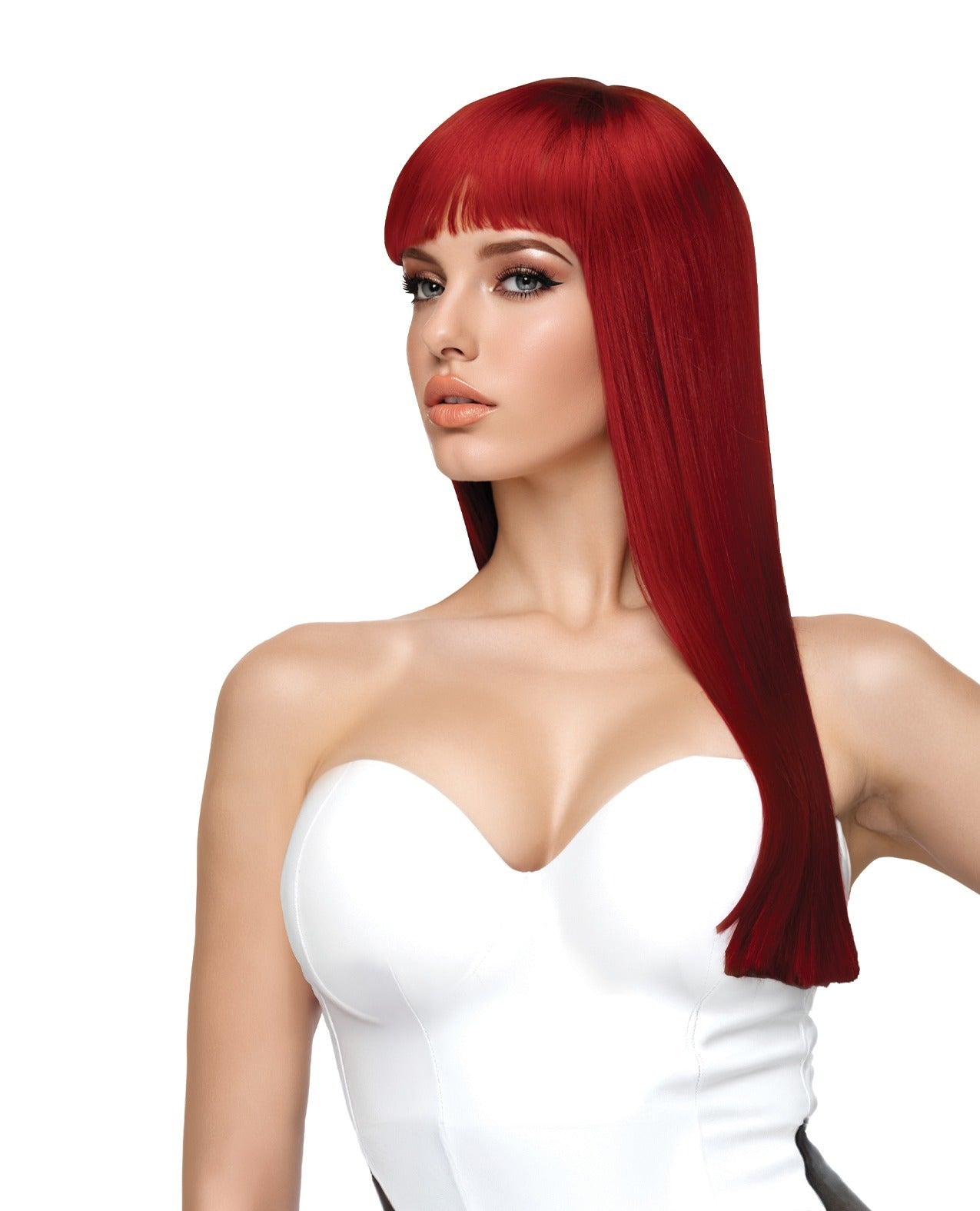 A woman modeling a bright red wig with straight bangs and long, sleek hair against a plain white background.