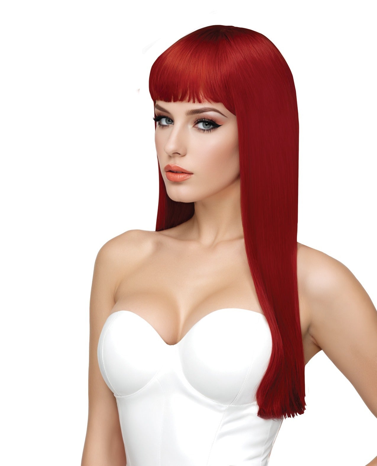 A woman with long, straight, vibrant red hair and straight bangs, wearing a white strapless top against a plain white background.