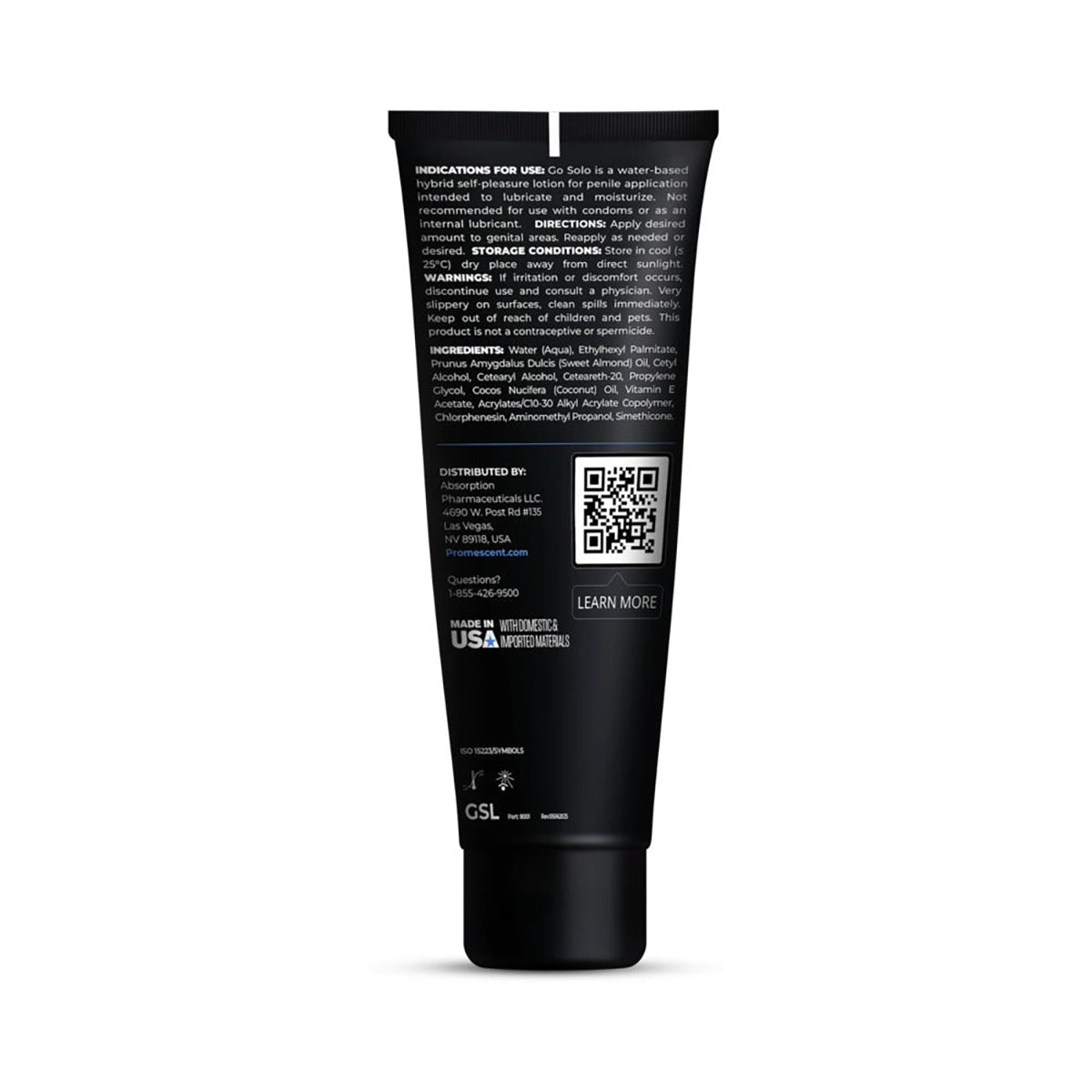 Black tube with text and a QR code on a white background