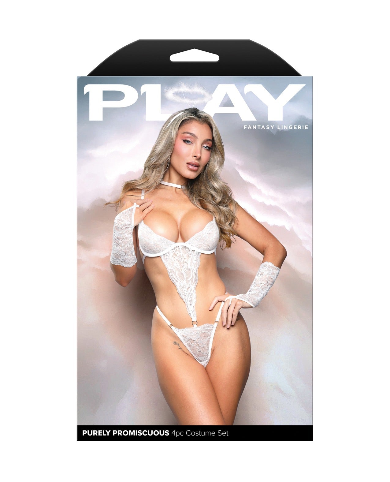 Lingerie packaging featuring a model wearing an angel costume.
