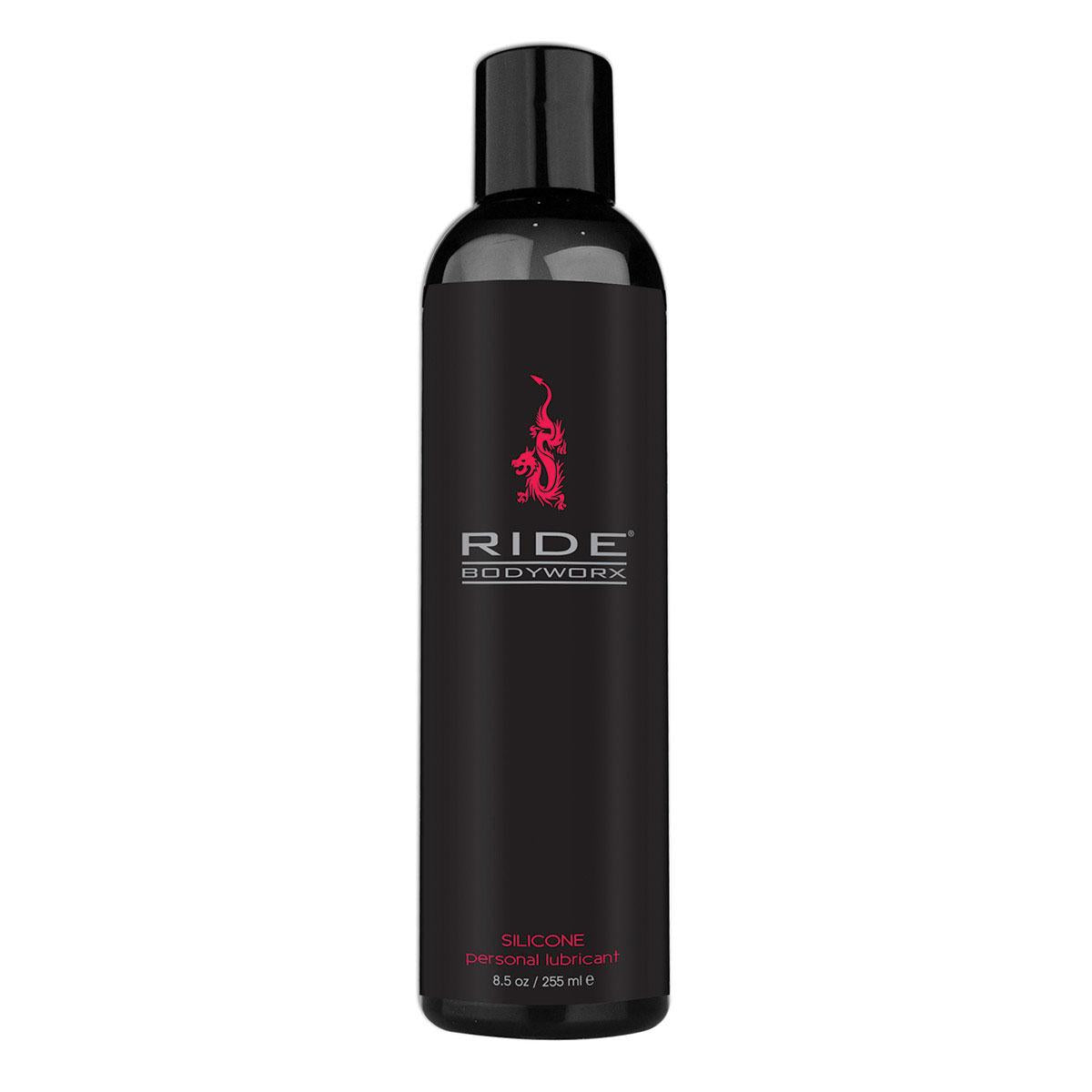 Black bottle of Ride Bodyworx silicone personal lubricant on a white background