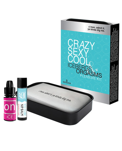 Pleasure kit with 'Crazy Sexy Cool & Icebergs Orgasms' packaging on a white background
