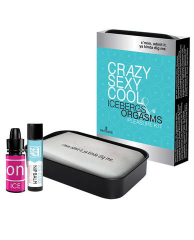 Pleasure kit with 'Crazy Sexy Cool & Icebergs Orgasms' packaging on a white background