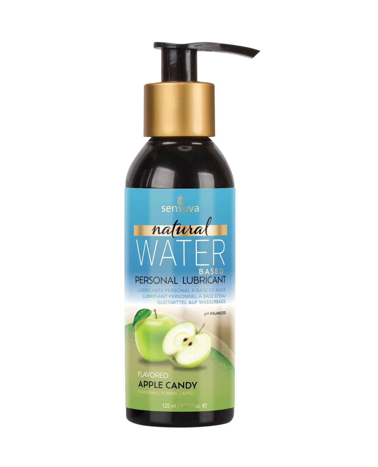Personal lubricant bottle with apple candy flavor on a white background