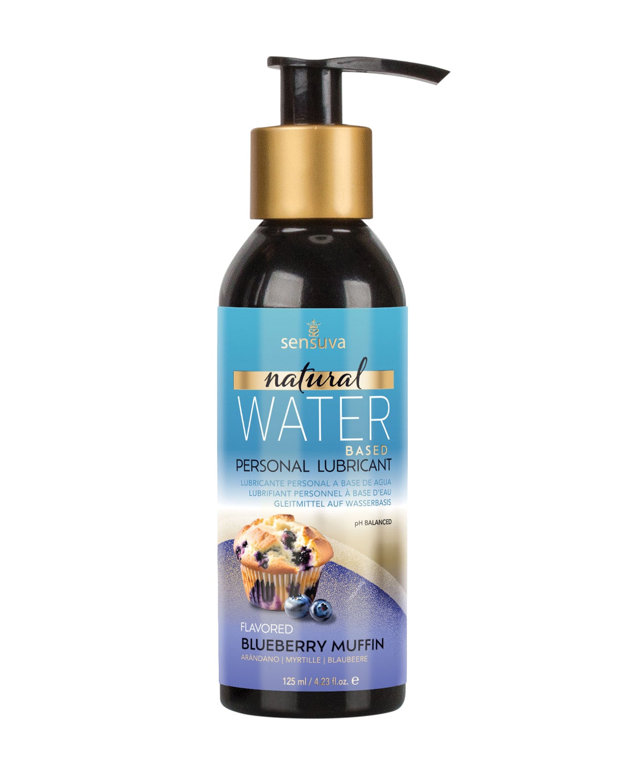 Personal lubricant bottle with blue label and gold pump on white background