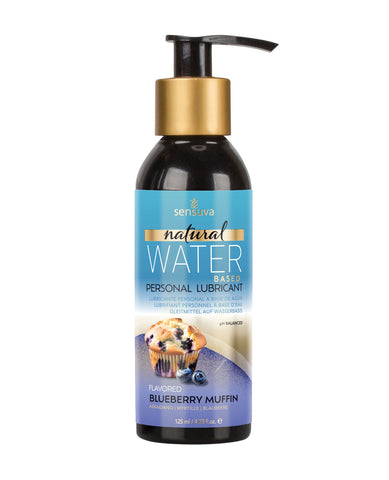 Personal lubricant bottle with blue label and gold pump on white background