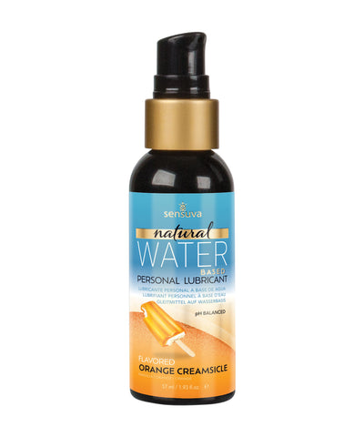 Orange creamsicle personal lubricant bottle with blue label and black pump on a white background