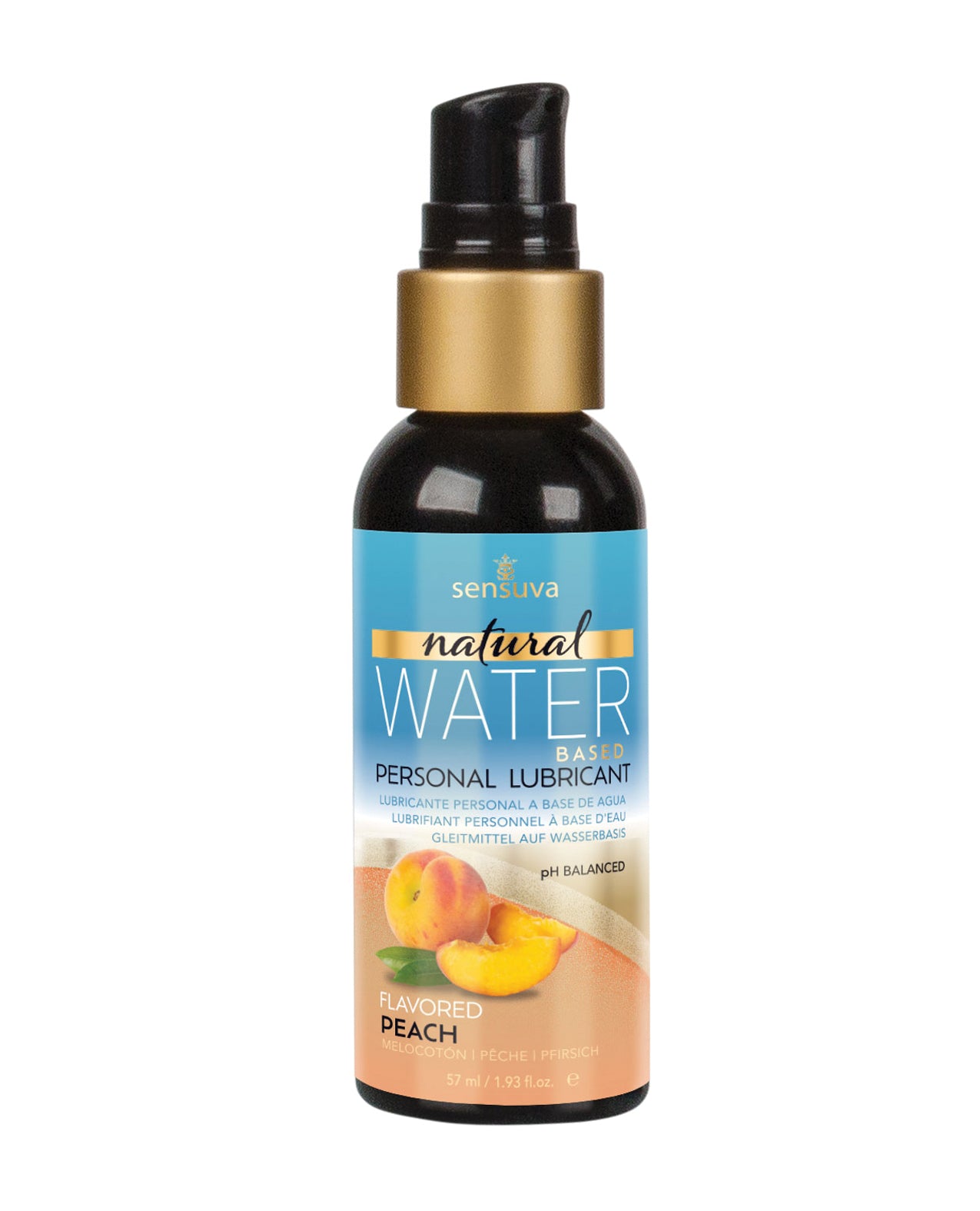 Personal lubricant bottle with peach flavor on a white background