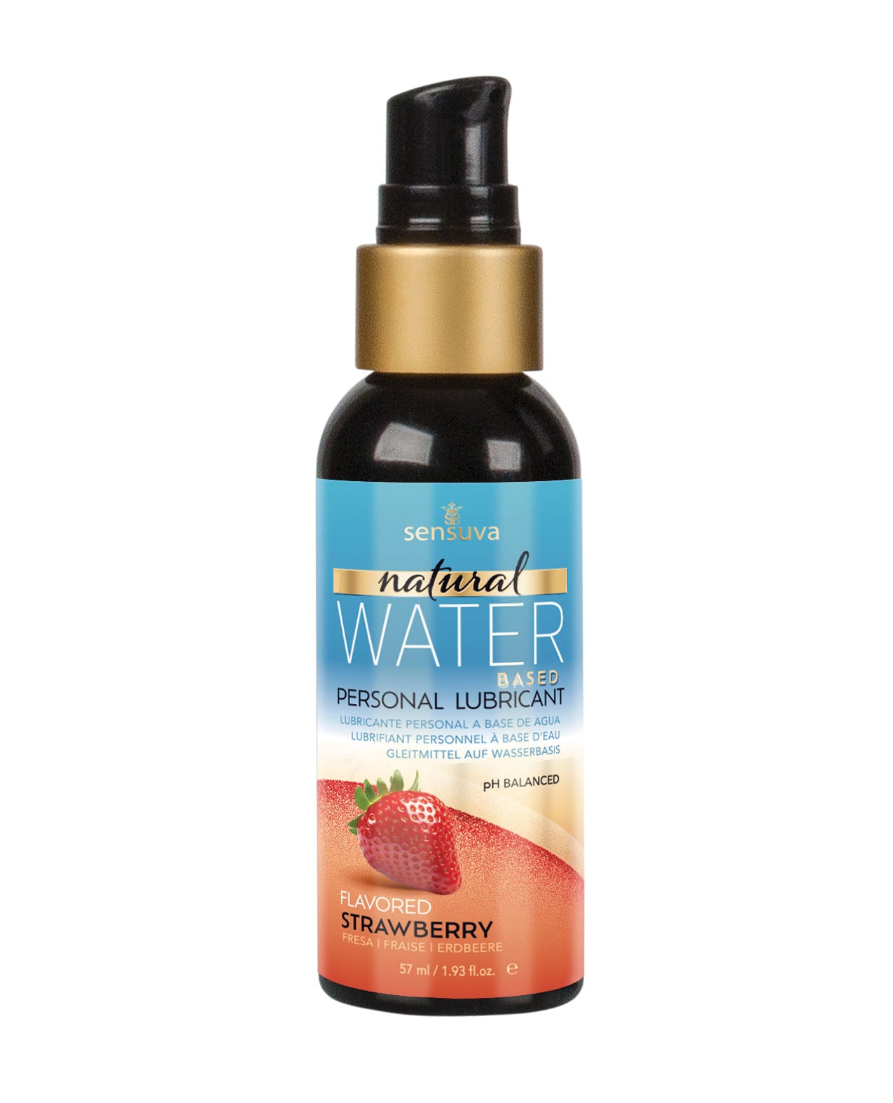 Personal lubricant bottle with strawberry flavor on a white background